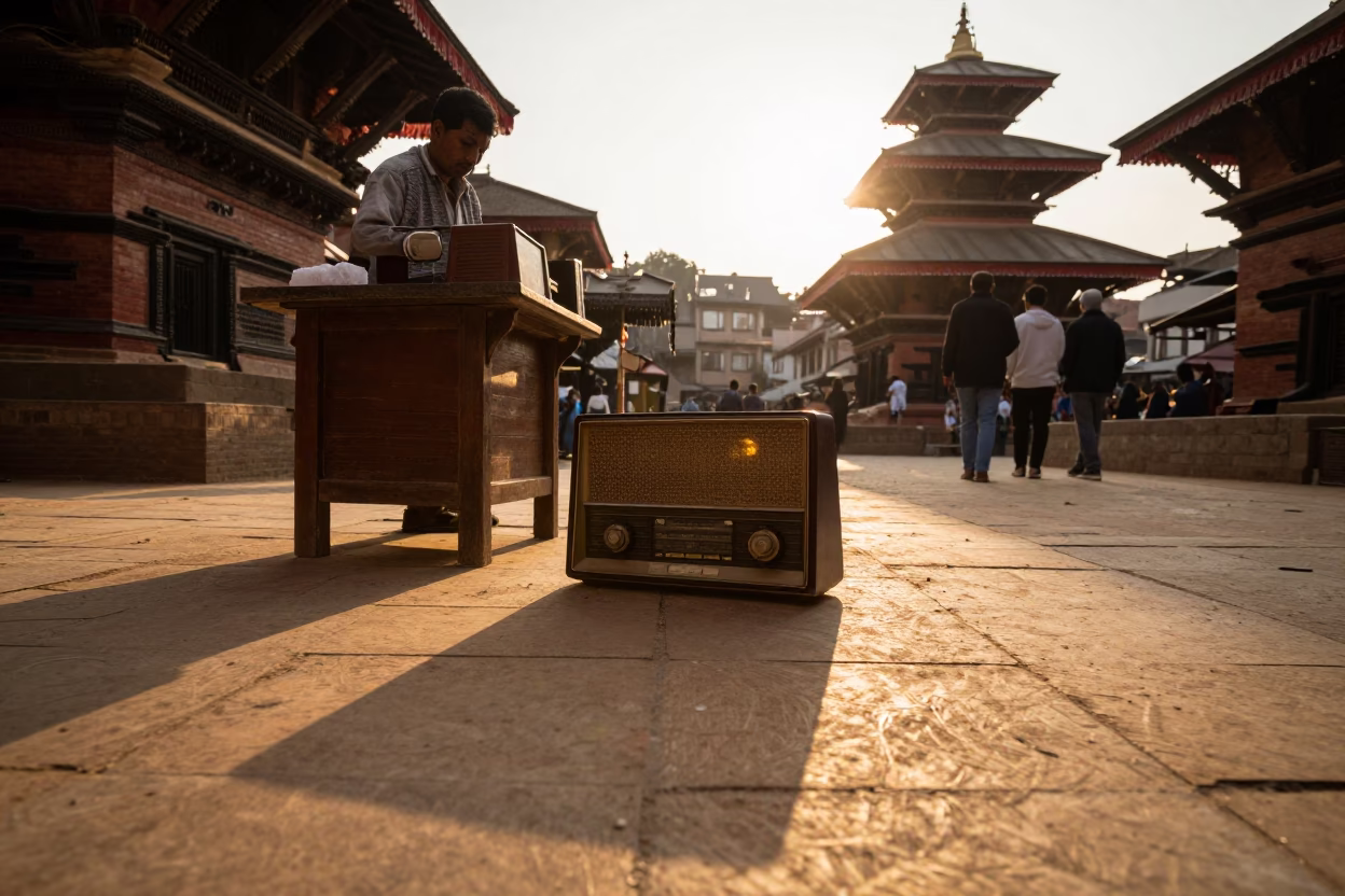 Golden Hour Street Scene in Kathmandu Nepal with Vintage Radio and Wicker Shadow in in Kathmandu, Nepal