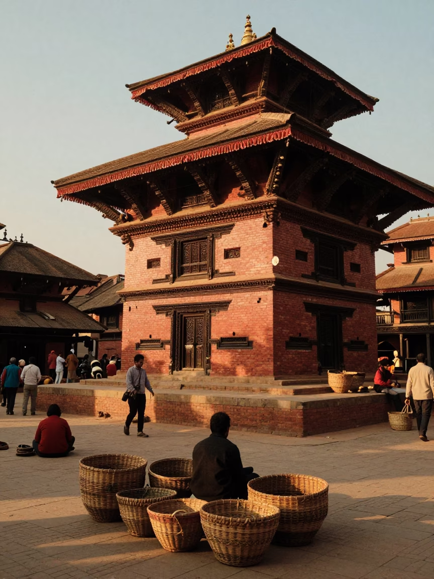 Golden Hour Street Scene in Kathmandu Nepal with Woven Baskets and Local Life in in Kathmandu, Nepal
