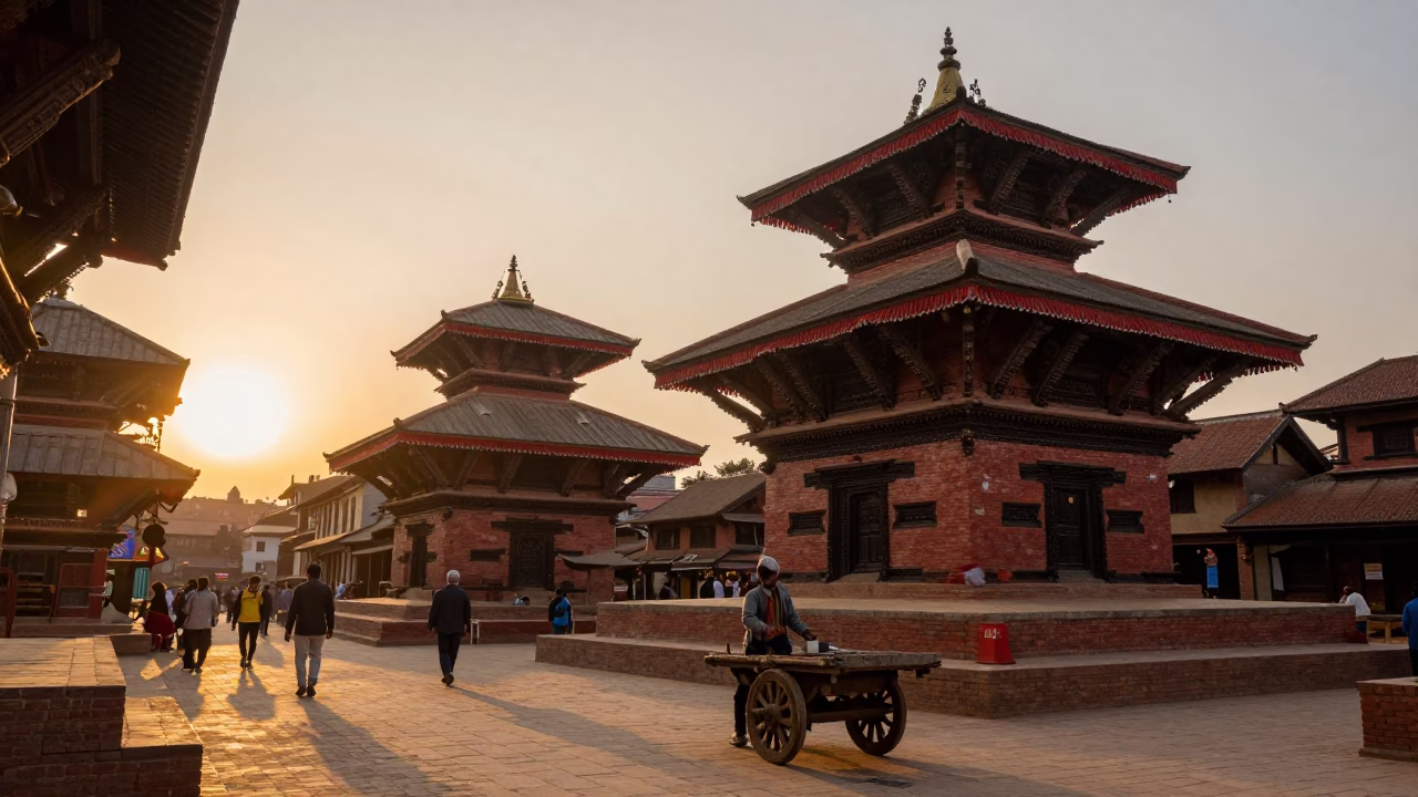 Golden Hour Street Scene in Kathmandu with Traditional Architecture and Local Life in in Kathmandu, Nepal