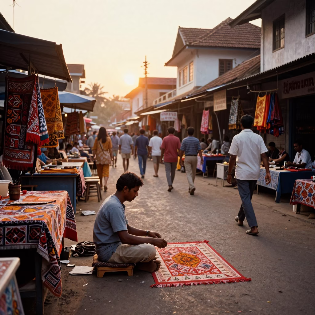 Golden Hour Street Scene in Kochi India with Batik Artist and Local Life in in Kochi, India