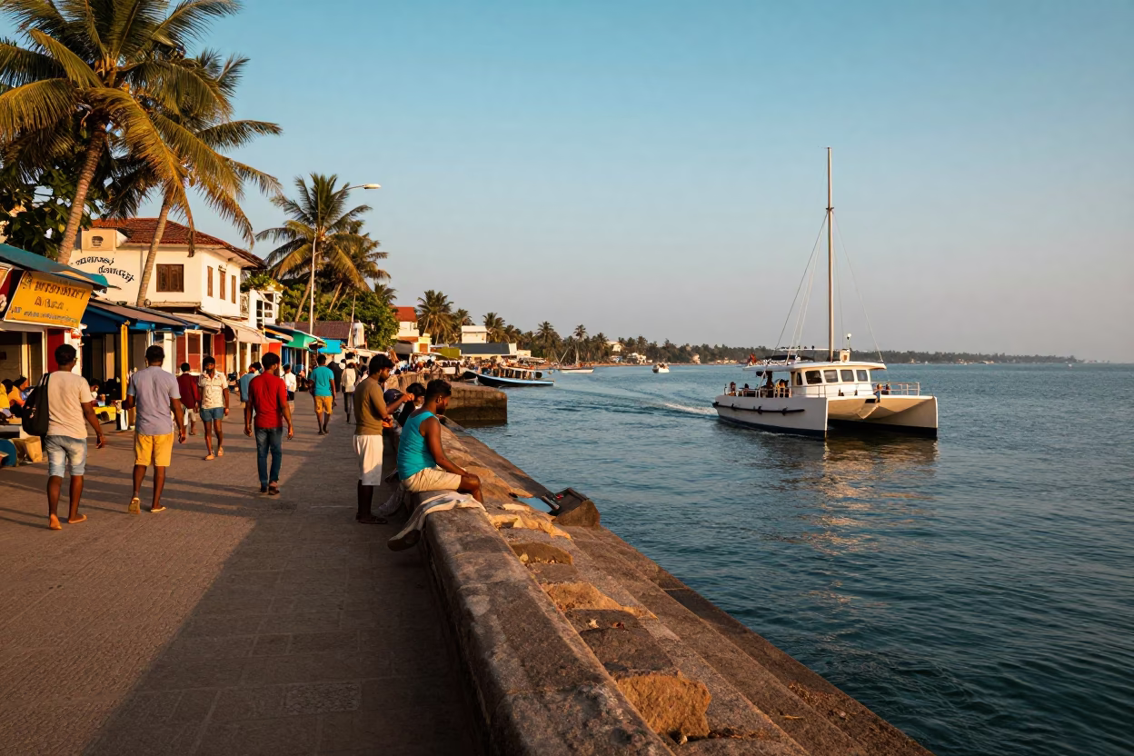 Golden Hour Street Scene in Kochi India with Catamaran and Local Life in in Kochi, India