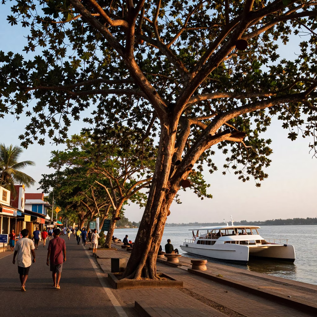 Golden Hour Street Scene in Kochi India with Copper Beech Tree and Catamaran Ferry in in Kochi, India