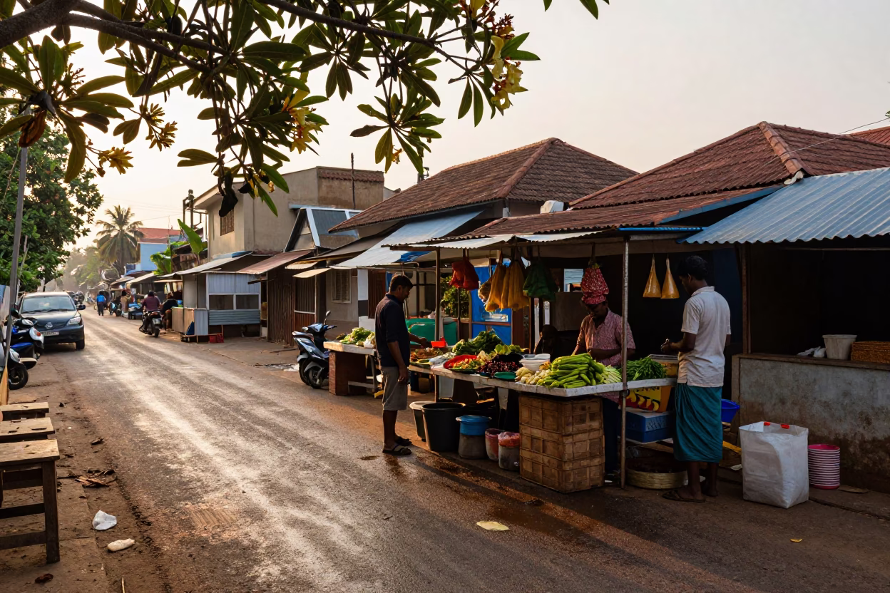 Golden Hour Street Scene in Kochi India with Frangipani Branch and Local Life in in Kochi, India