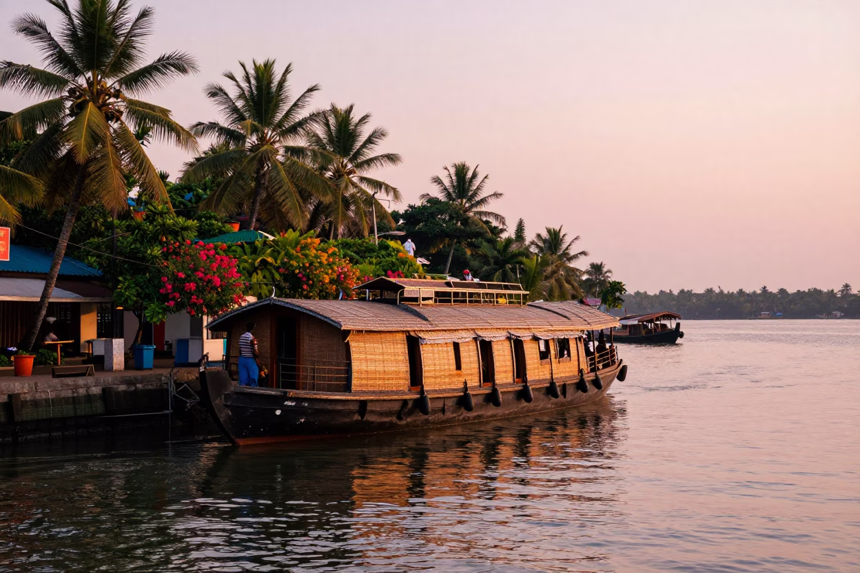 Golden Hour Street Scene in Kochi India with Houseboat and Tropical Flora in in Kochi, India