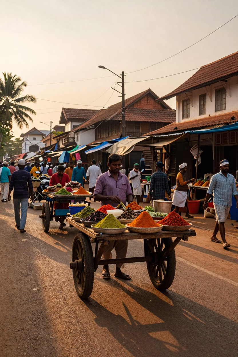 Golden Hour Street Scene in Kochi India with Local Market Activity and Traditional Architecture in in Kochi, India