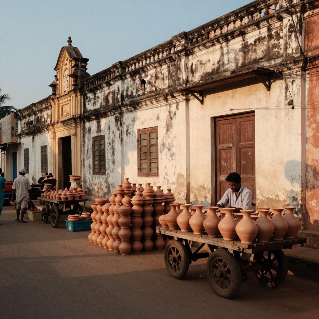 Golden Hour Street Scene in Kochi India with Local Pottery Market and Stacked Wares in in Kochi, India