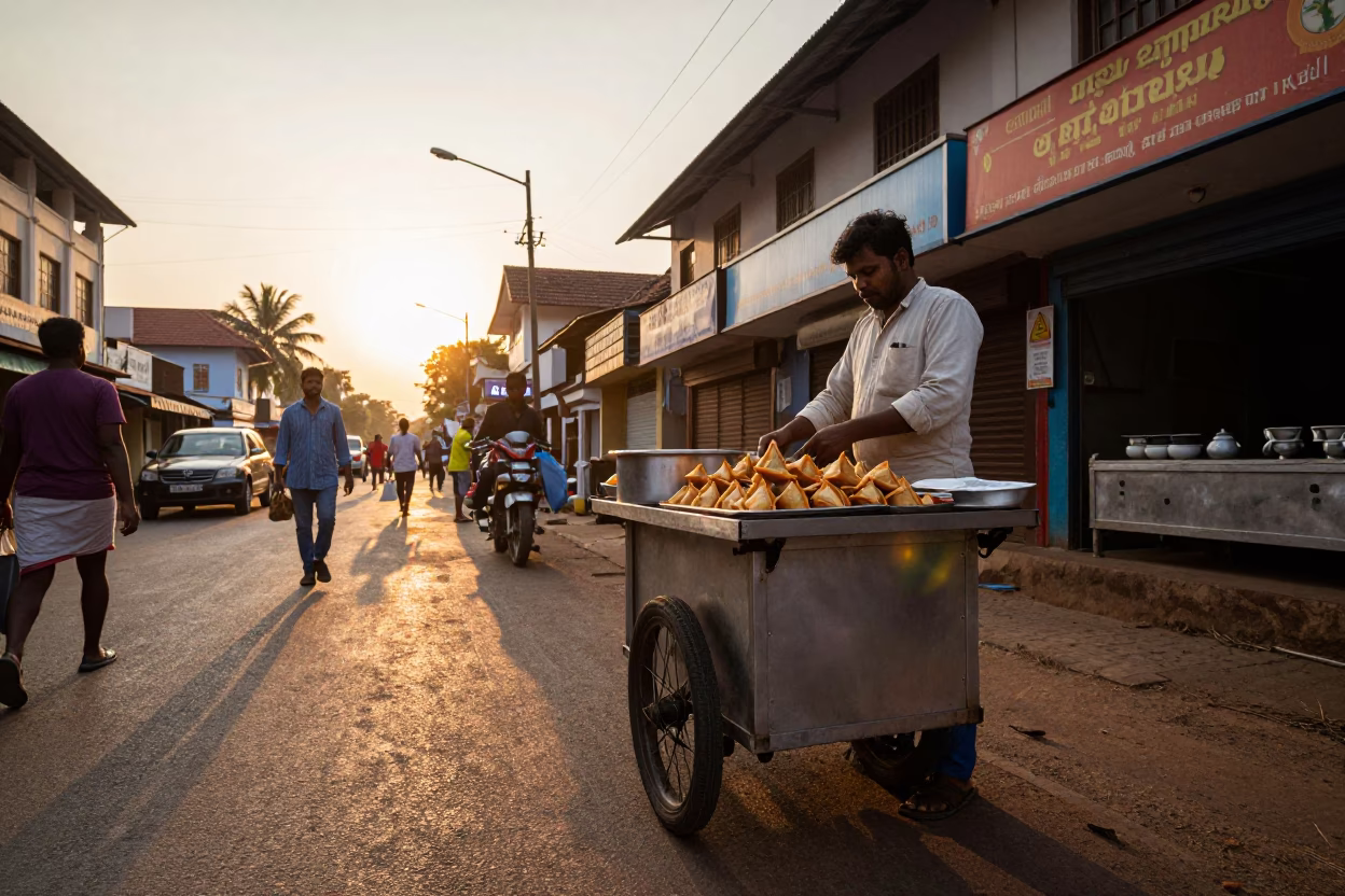 Golden Hour Street Scene in Kochi India with Spiced Meat Sambusa in in Kochi, India