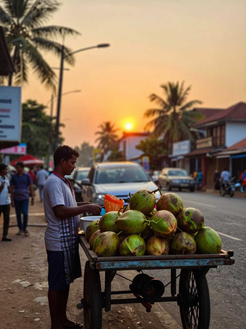 Golden Hour Street Scene in Kochi India with Vendor and Sunset Light in in Kochi, India