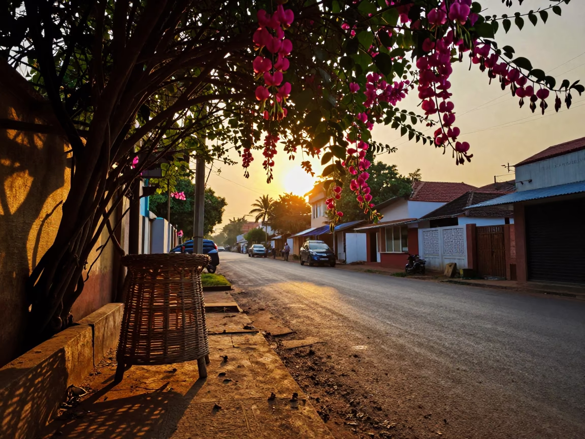 Golden Hour Street Scene in Kochi India with Wicker Shadows and Blooming Vine in in Kochi, India