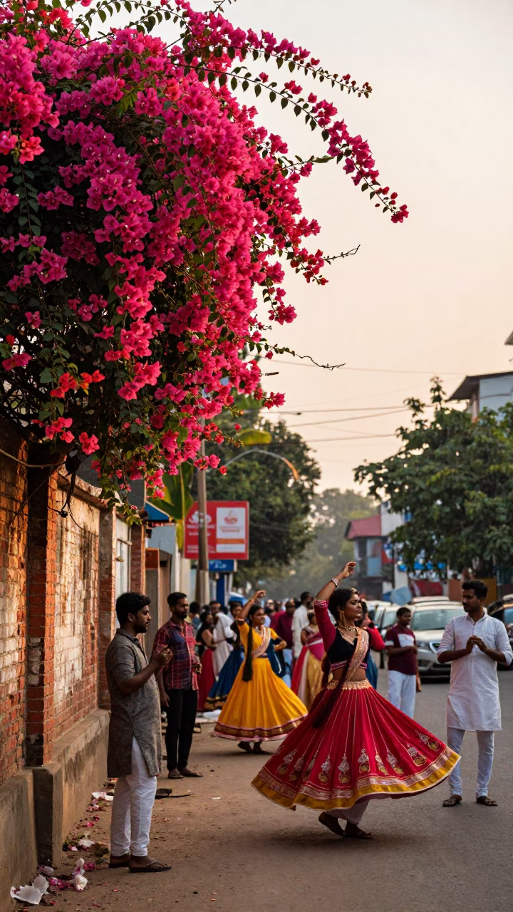 Golden Hour Street Scene in Kolkata India with Bougainvillea and Navratri Garba Dance in in Kolkata, India