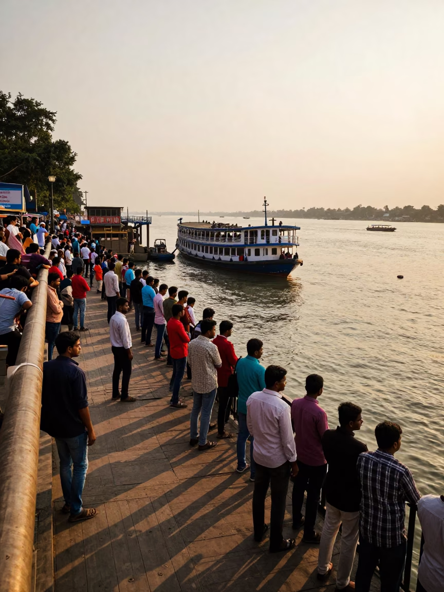 Golden Hour Street Scene in Kolkata India with Crowded River Ferry and Local Life in in Kolkata, India