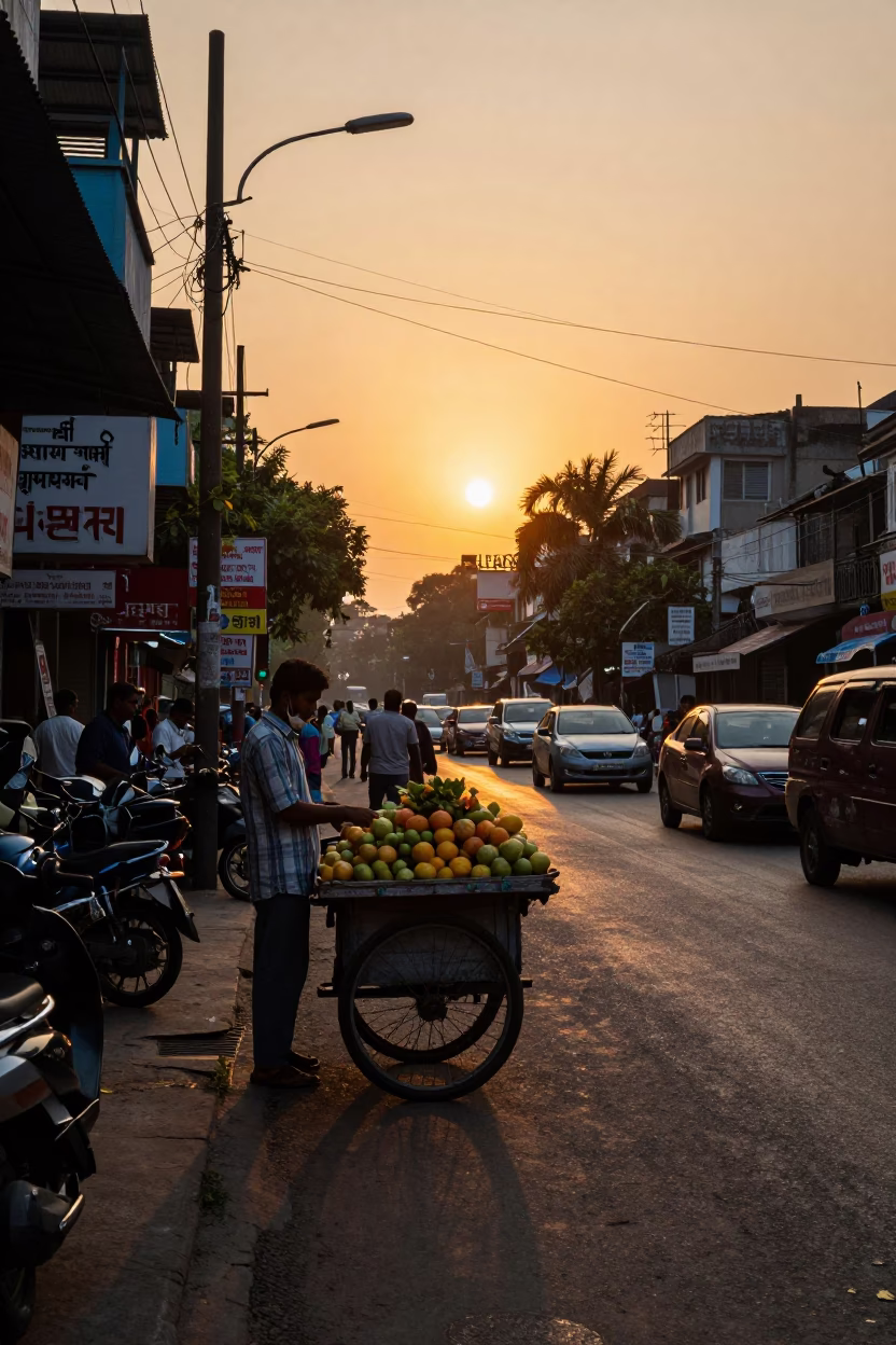 Golden Hour Street Scene in Kolkata India with Fruit Vendor and Evening Traffic in in Kolkata, India