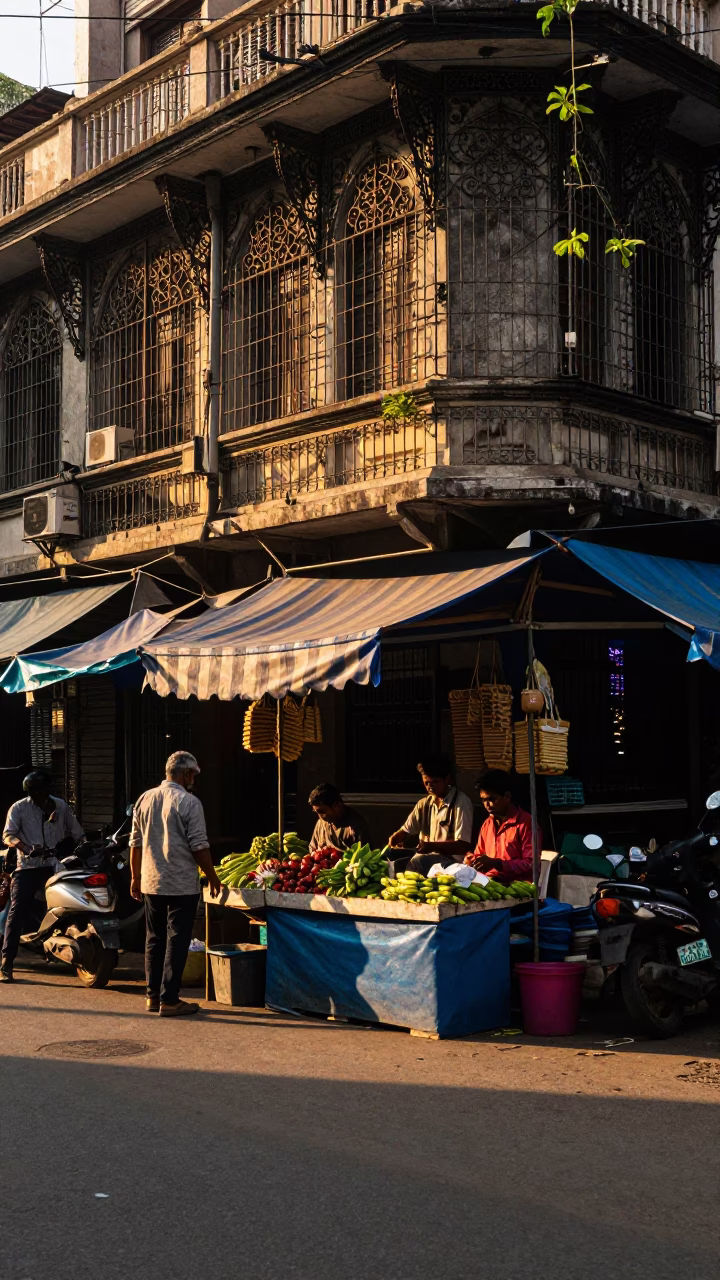 Golden Hour Street Scene in Kolkata India with Passion Flower and Local Market Activity in in Kolkata, India