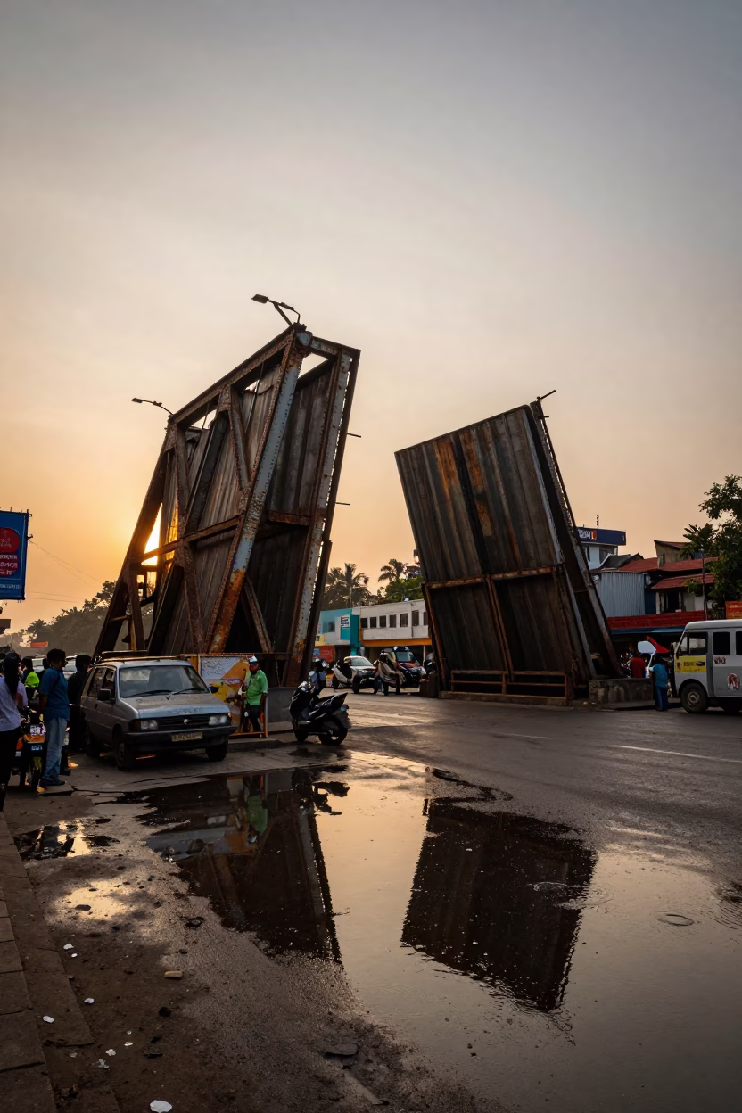 Golden Hour Street Scene in Kolkata India with Rusted Drawbridge and Monorail Reflections in in Kolkata, India