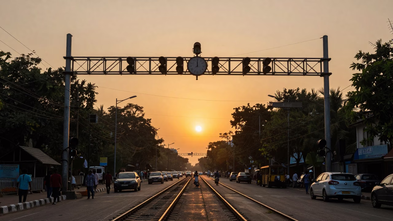 Golden Hour Street Scene in Kolkata India with Signal Gantry and Rail Lines in in Kolkata, India