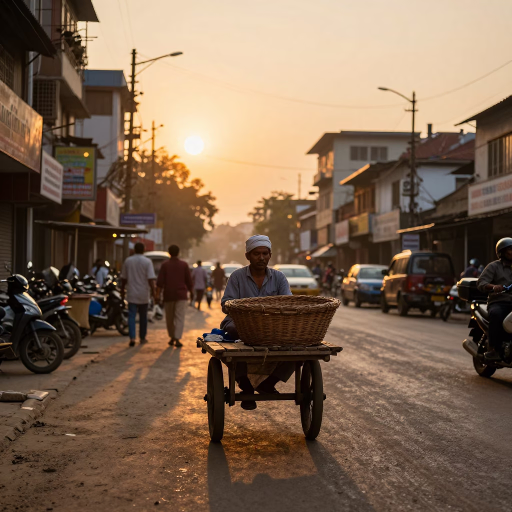 Golden Hour Street Scene in Kolkata India with Vendor and Wicker Hamper in in Kolkata, India
