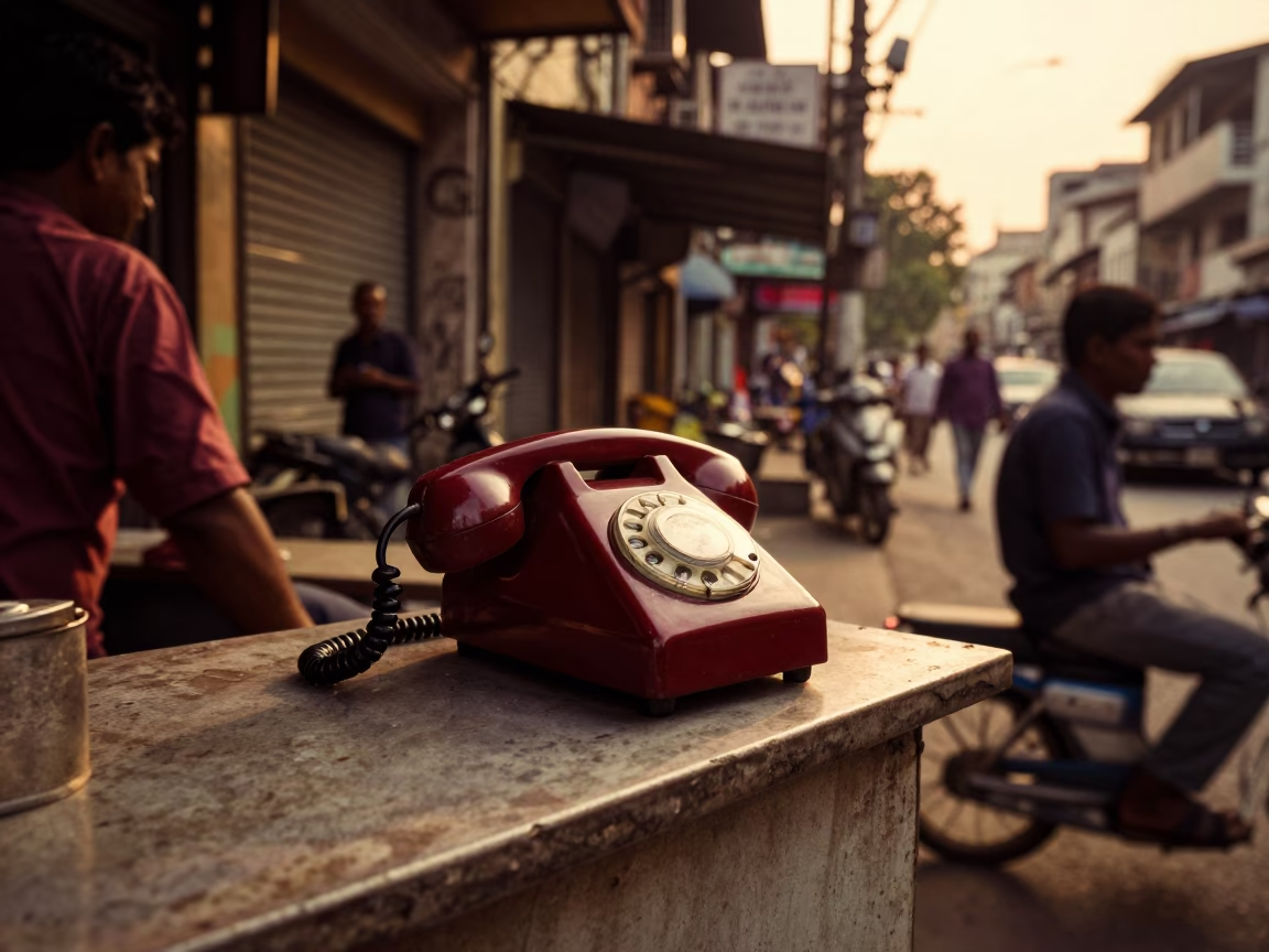 Golden Hour Street Scene in Kolkata India with Vintage Bakelite Telephone in in Kolkata, India