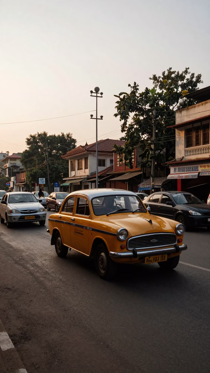 Golden Hour Street Scene in Kolkata India with Vintage Car and Traditional Elements in in Kolkata, India