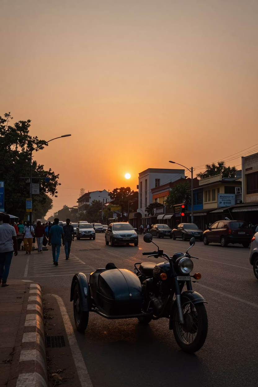 Golden Hour Street Scene in Kolkata India with Vintage Motorcycle and Substation in in Kolkata, India