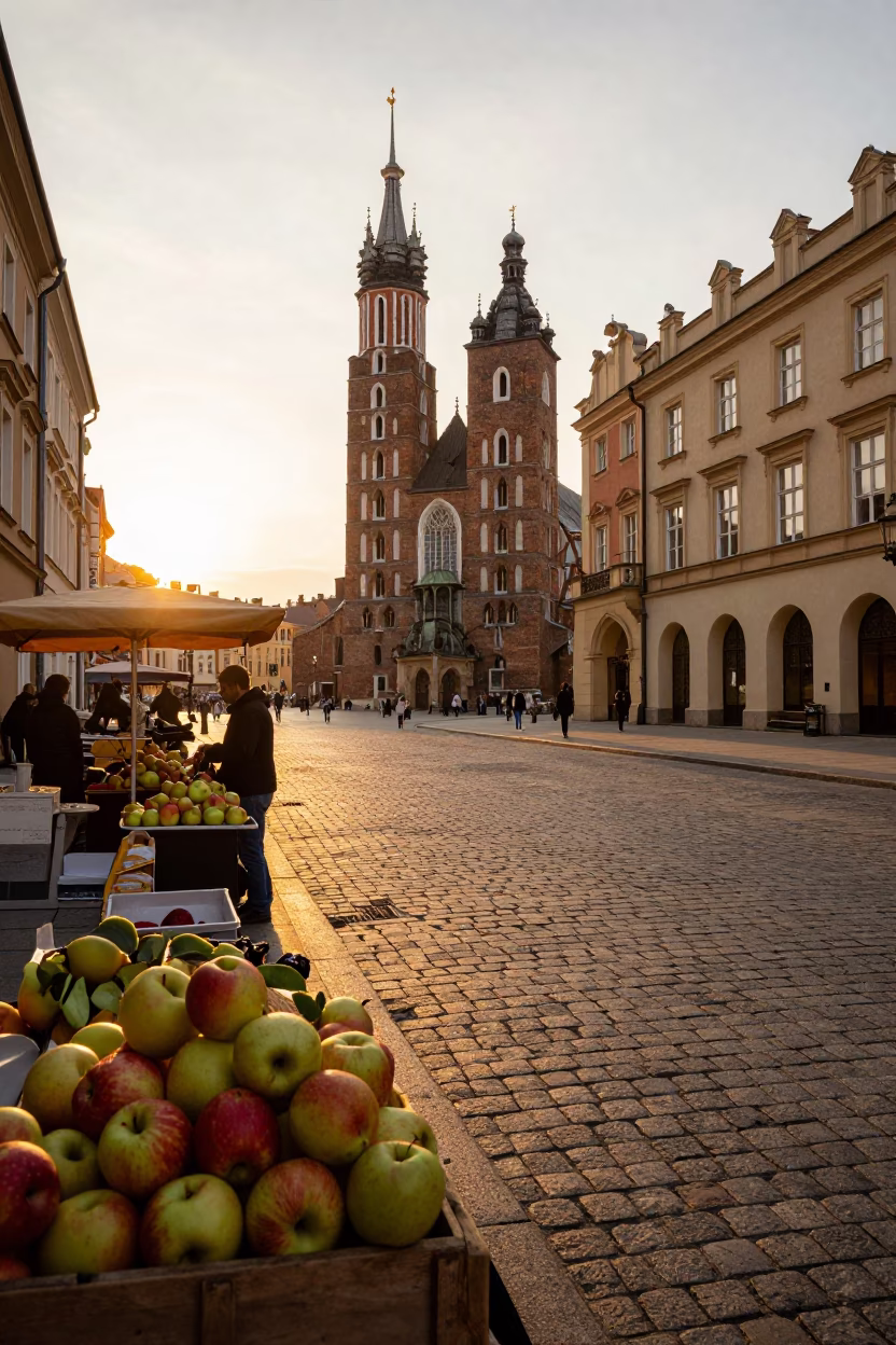 Golden Hour Street Scene in Krakow Poland with Apples and Cobblestones in in Krakow, Poland