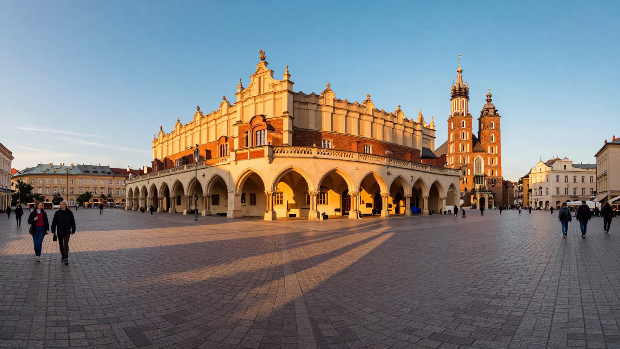 Golden Hour Street Scene in Krakow Poland with Diverse Tourists and Local Details in in Krakow, Poland