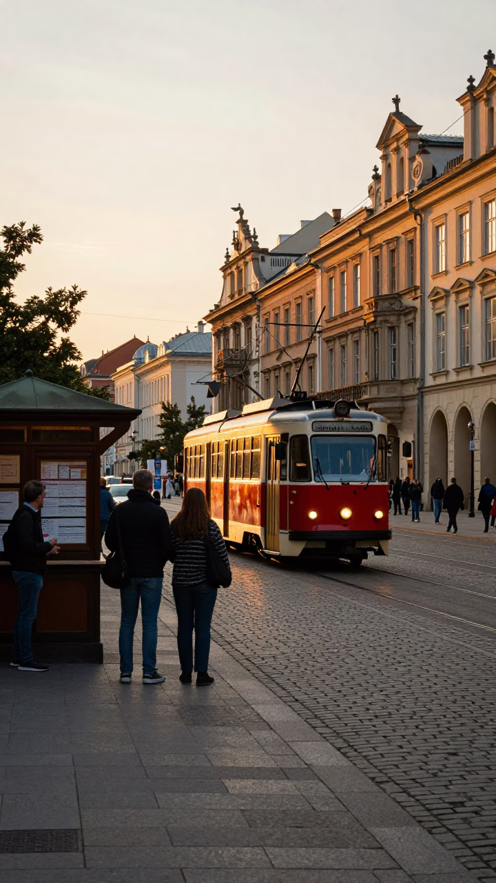 Golden Hour Street Scene in Krakow Poland with Heritage Tram and Local Life in in Krakow, Poland