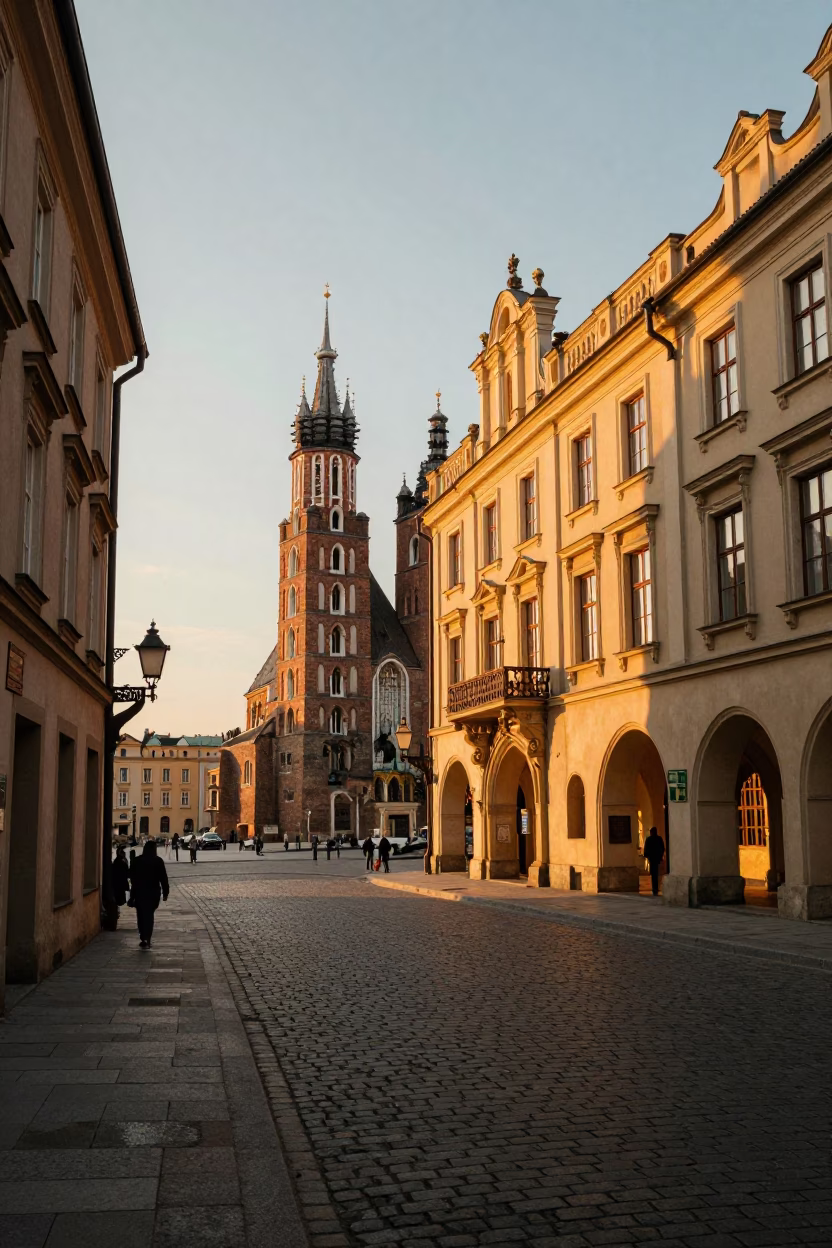 Golden Hour Street Scene in Krakow Poland with Historic Architecture and Daily Life in in Krakow, Poland