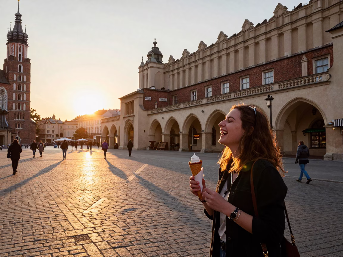 Golden Hour Street Scene in Krakow Poland with Local Bakery and Evening Light in in Krakow, Poland