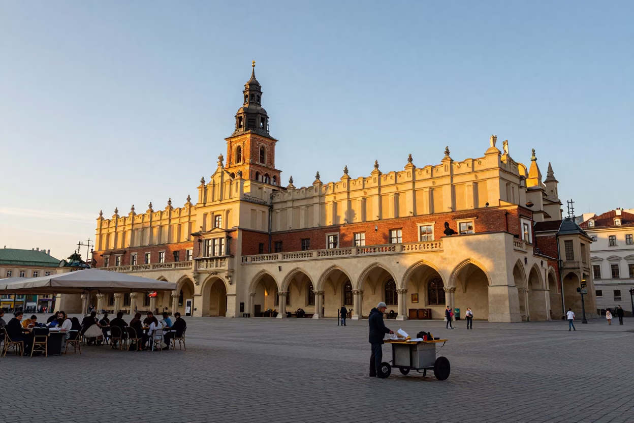 Golden Hour Street Scene in Krakow Poland with Local Dining and Architecture in in Krakow, Poland
