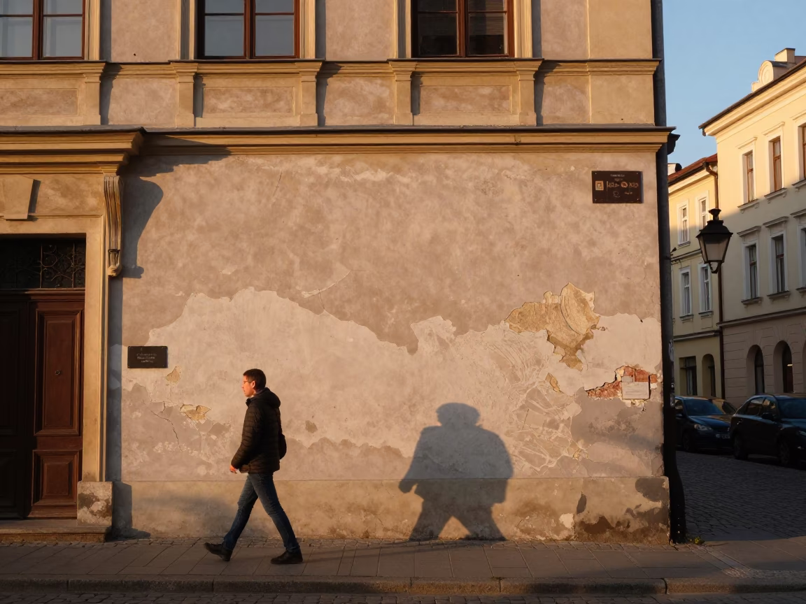 Golden Hour Street Scene in Krakow Poland with Old Stucco and Urban Life in in Krakow, Poland
