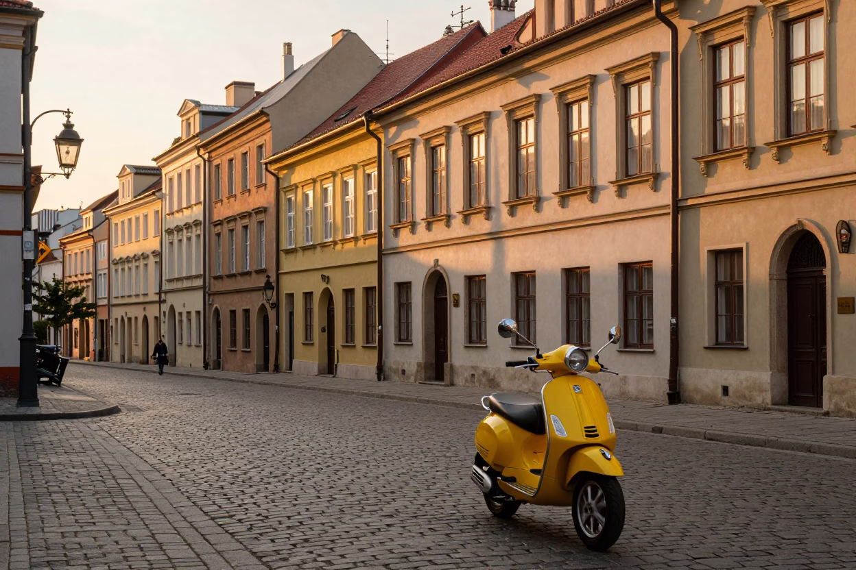 Golden Hour Street Scene in Krakow Poland with Scooter and Historic Architecture in in Krakow, Poland