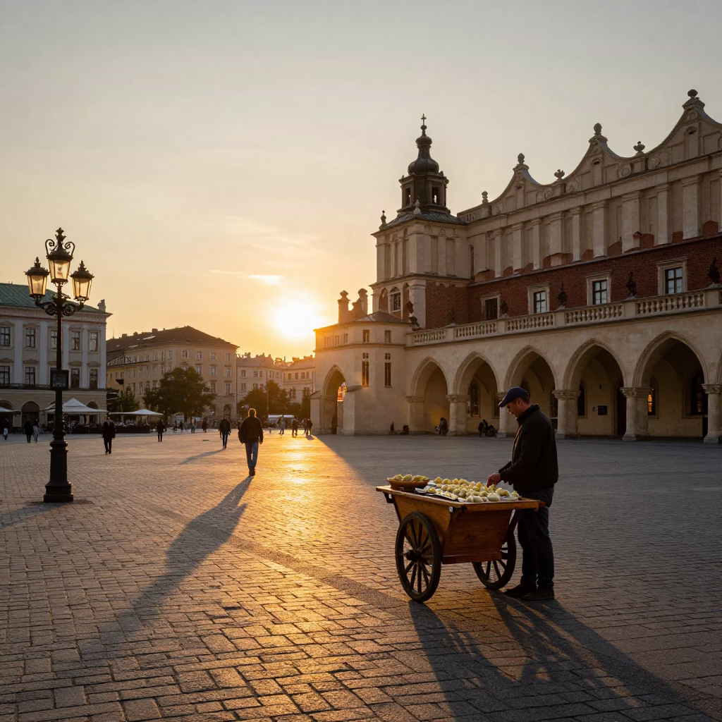 Golden Hour Street Scene in Krakow Poland with Traditional Pierogi in in Krakow, Poland