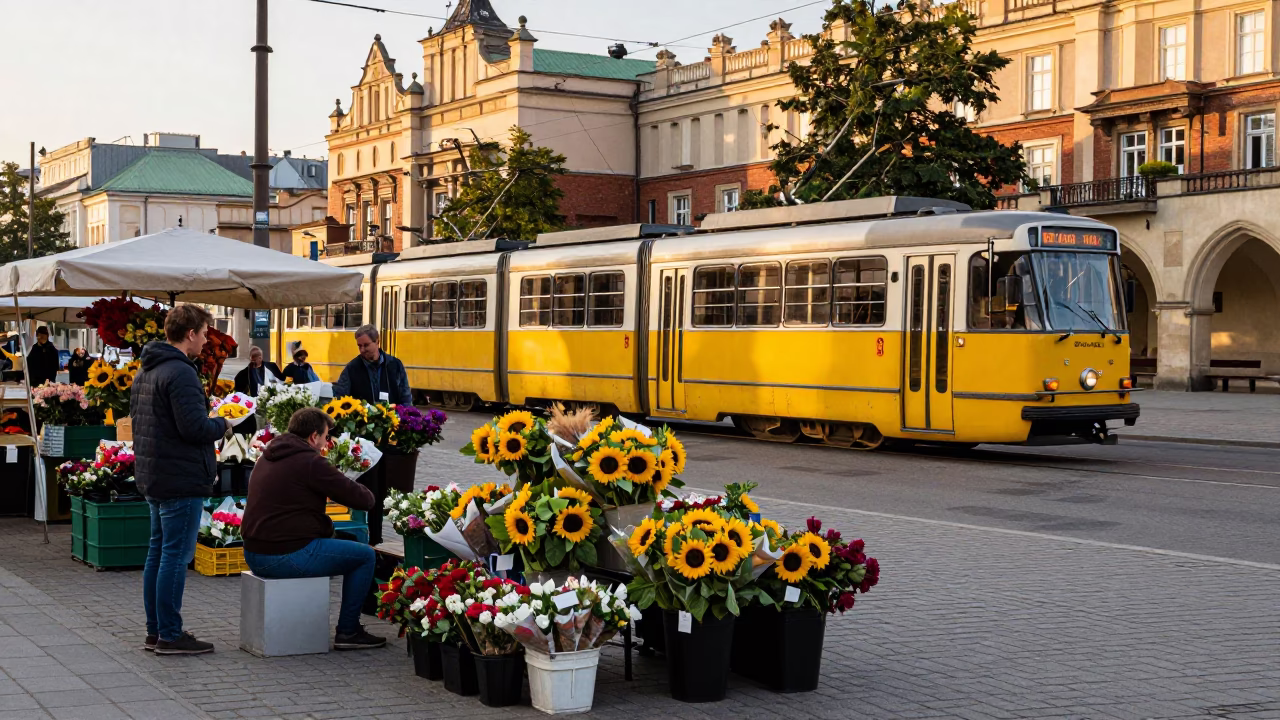 Golden Hour Street Scene in Krakow Poland with Tram and Flower Market Vendors in in Krakow, Poland
