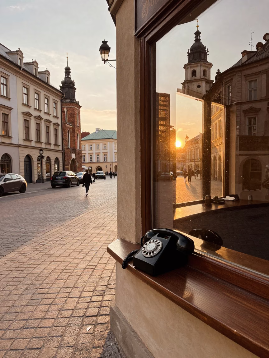 Golden Hour Street Scene in Krakow Poland with Vintage Bakelite Telephone in in Krakow, Poland