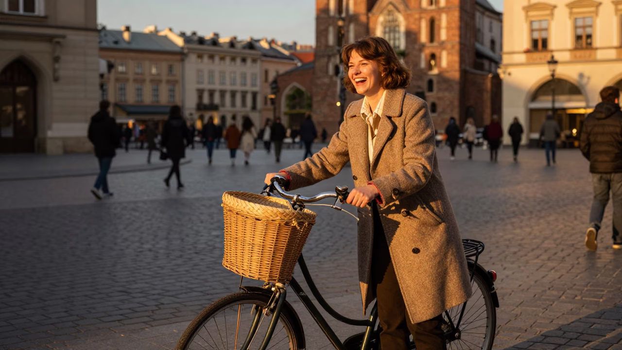 Golden Hour Street Scene in Krakow Poland with Vintage Bicycle and Local Life in in Krakow, Poland