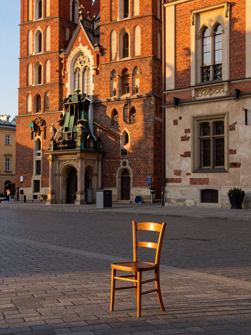 Golden Hour Street Scene in Krakow Poland with Vintage Chair and Brass Plate in in Krakow, Poland