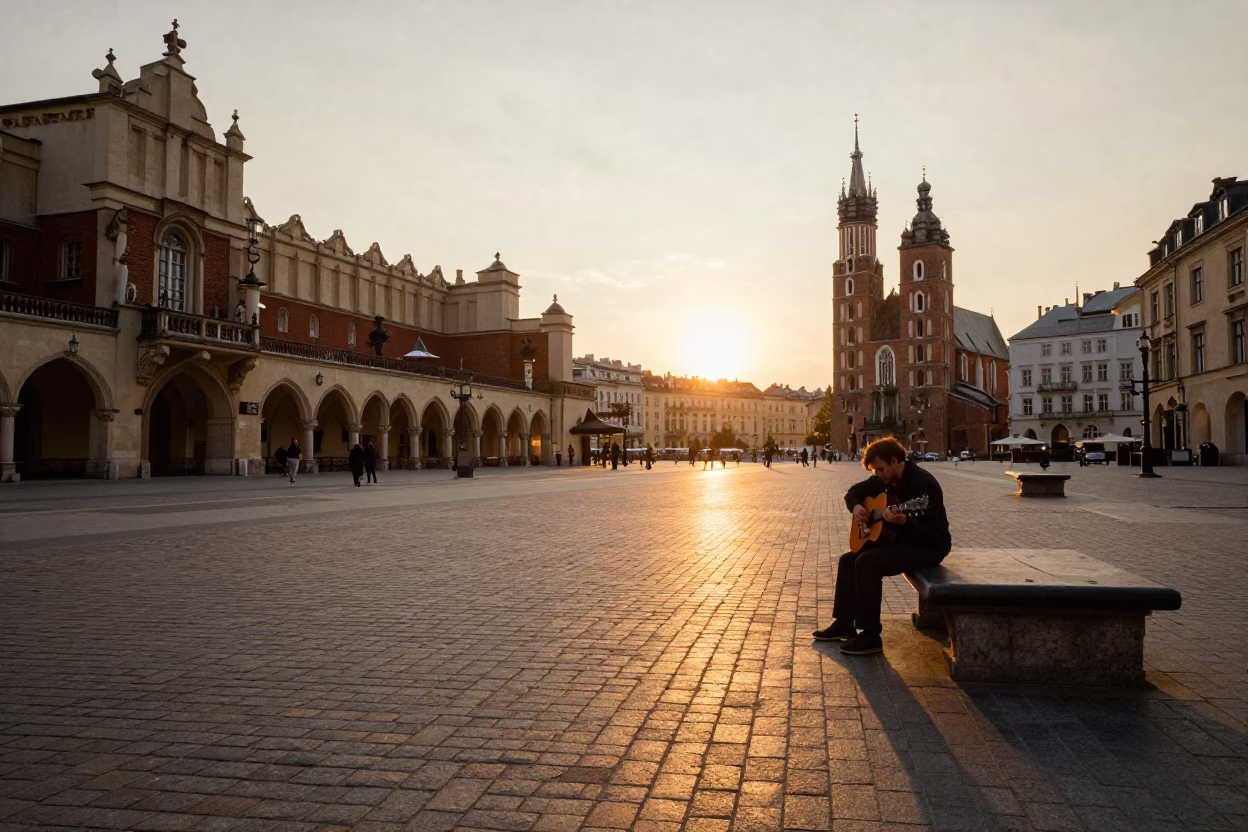 Golden Hour Street Scene in Krakow Poland with Vintage Guitar and Local Life in in Krakow, Poland