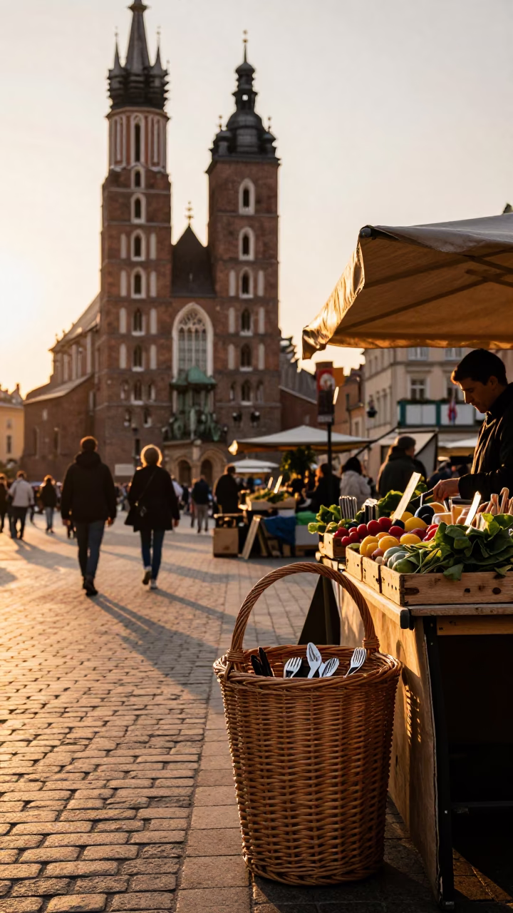 Golden Hour Street Scene in Krakow Poland with Wicker Basket and Cutlery in in Krakow, Poland