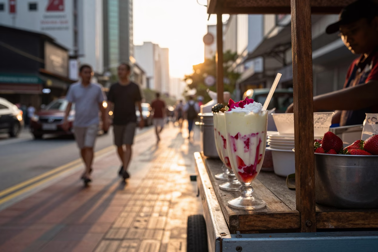 Golden Hour Street Scene in Kuala Lumpur Malaysia with Lassi and Strawberries in in Kuala Lumpur, Malaysia
