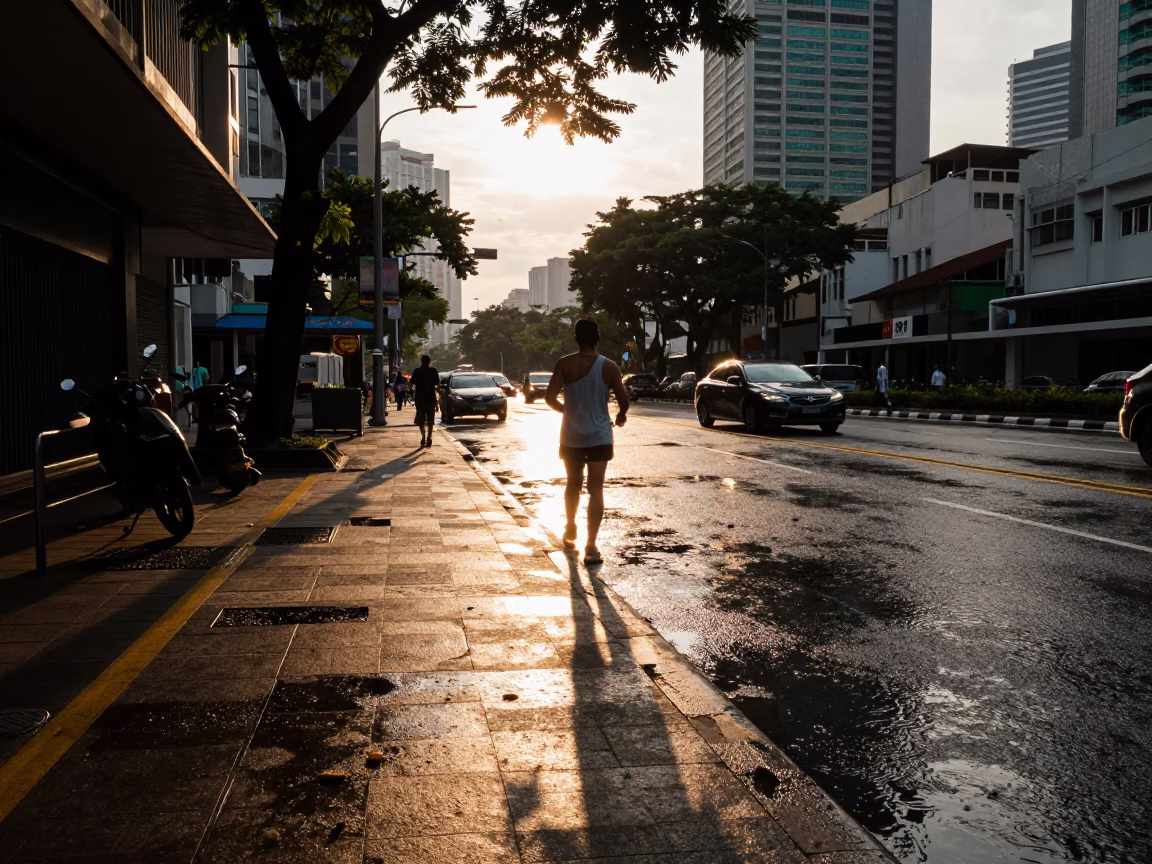 Golden Hour Street Scene in Kuala Lumpur Malaysia with Leaf Shadows and Rainwater Puddles in in Kuala Lumpur, Malaysia