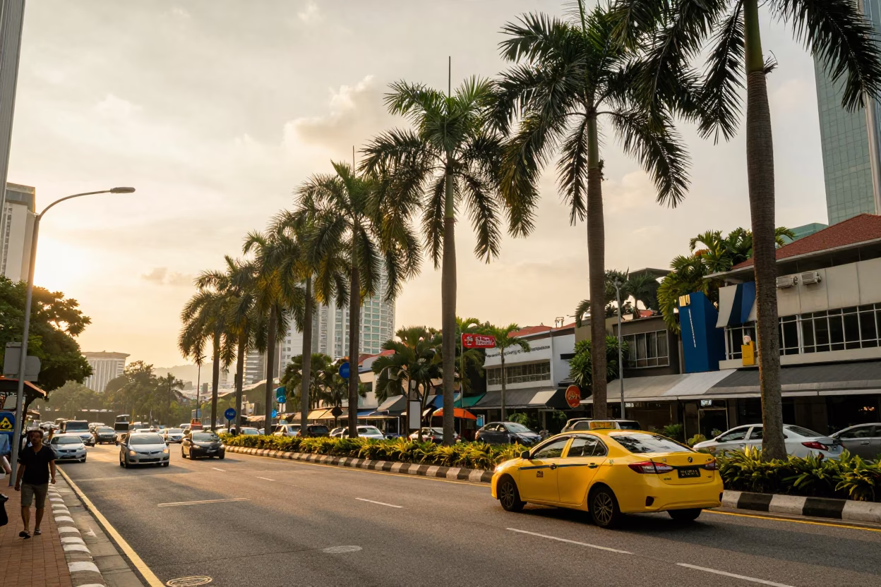 Golden Hour Street Scene in Kuala Lumpur Malaysia with Palm Trees and Traffic in in Kuala Lumpur, Malaysia