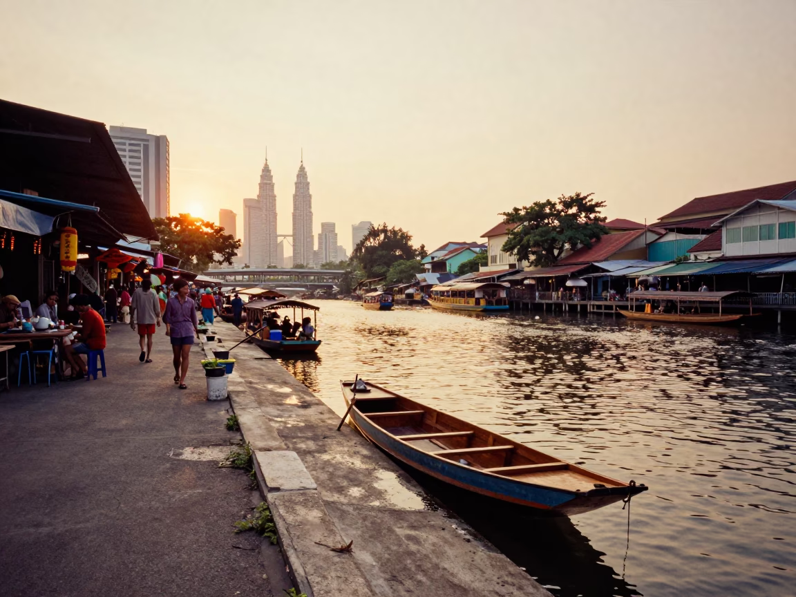 Golden Hour Street Scene in Kuala Lumpur Malaysia with Traditional Sampan on River in in Kuala Lumpur, Malaysia