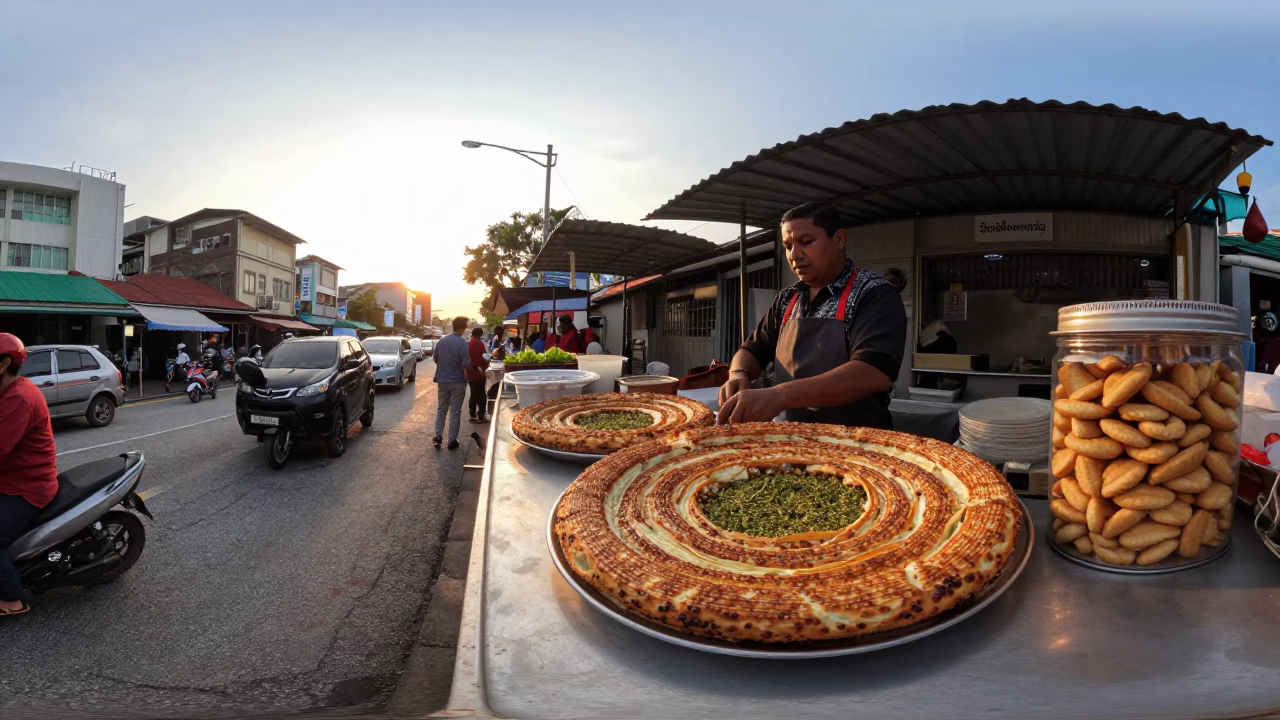 Golden Hour Street Scene in Kuala Lumpur with Manakeesh and Cookie Tin in in Kuala Lumpur, Malaysia