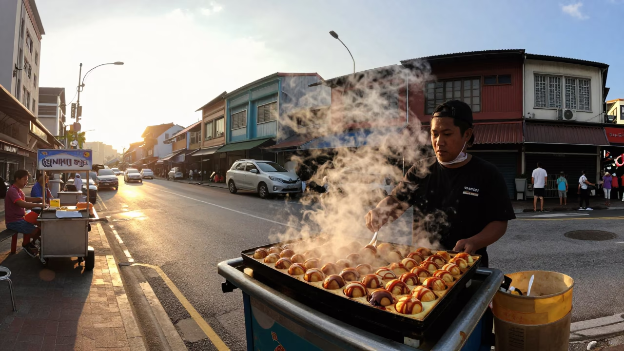 Golden Hour Street Scene in Kuala Lumpur with Takoyaki Tray and Sunlight in in Kuala Lumpur, Malaysia