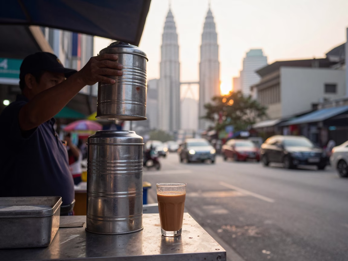 Golden Hour Street Scene in Kuala Lumpur with Tiffin Tin and Masala Chai in in Kuala Lumpur, Malaysia