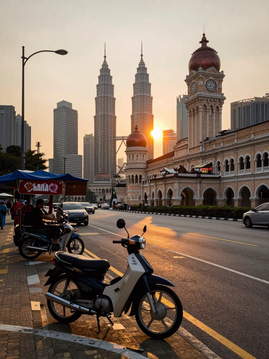 Golden Hour Street Scene in Kuala Lumpur with Vintage Motorcycle and Local Vendor in in Kuala Lumpur, Malaysia