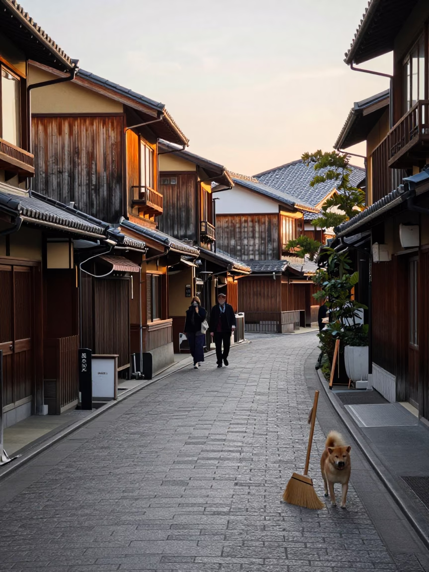 Golden Hour Street Scene in Kyoto Japan with Broom and Dog in in Kyoto, Japan