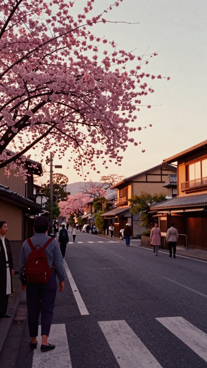 Golden Hour Street Scene in Kyoto Japan with Cherry Blossoms and Traditional Architecture in in Kyoto, Japan
