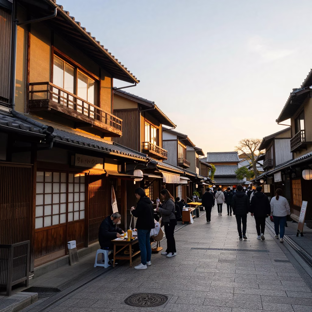 Golden Hour Street Scene in Kyoto Japan with Local Vendors and Traditional Architecture in in Kyoto, Japan
