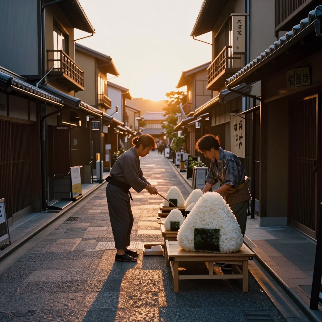 Golden Hour Street Scene in Kyoto Japan with Onigiri and Traditional Architecture in in Kyoto, Japan